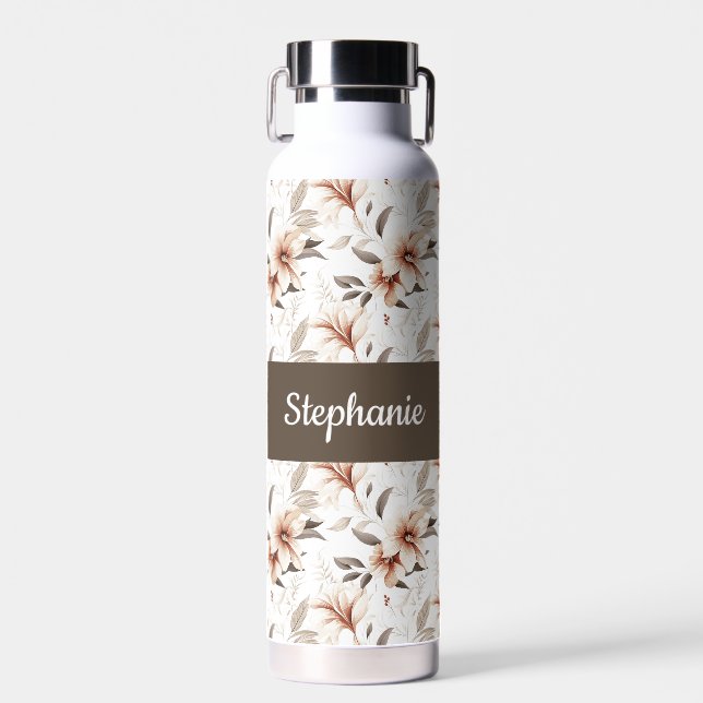 Rosa Wildblumen-Wasserfarbe-Monogramm-Name Trinkflasche (Vorne)