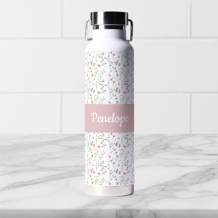 Rosa Wildblumen-Wasserfarbe-Monogramm-Name Trinkflasche