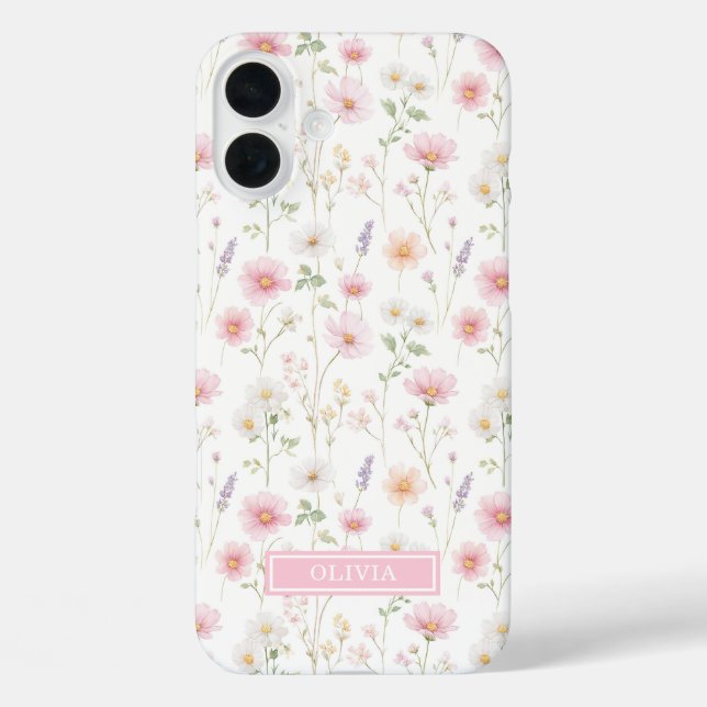 Rosa Wildblumen-Wasserfarben-Monogramm iPhone 16 Plus Hülle (Rückseite)