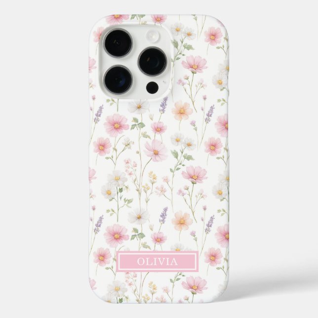 Rosa Wildblumen-Wasserfarben-Monogramm iPhone 16 Pro Hülle (Rückseite)