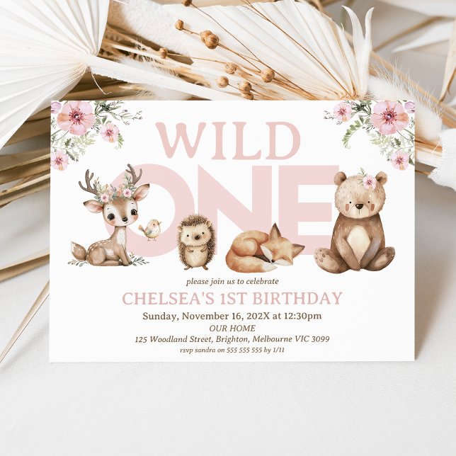 Rosa Wildblumen Woodland Wild 1. Geburtstag Einladung (Pink Woodland Wild One 1st Birthday Invitation Girl, Pink Wildflowers Woodland First Birthday Invite)