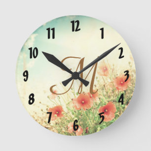 Rosa Wilde Blumen Monogramm Anfangsbuchstabe Wandu Runde Wanduhr
