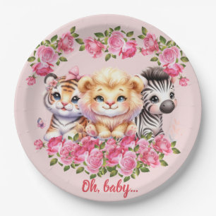 Rosa wilde Tier Mädchen Baby Shower Einladung Pappteller