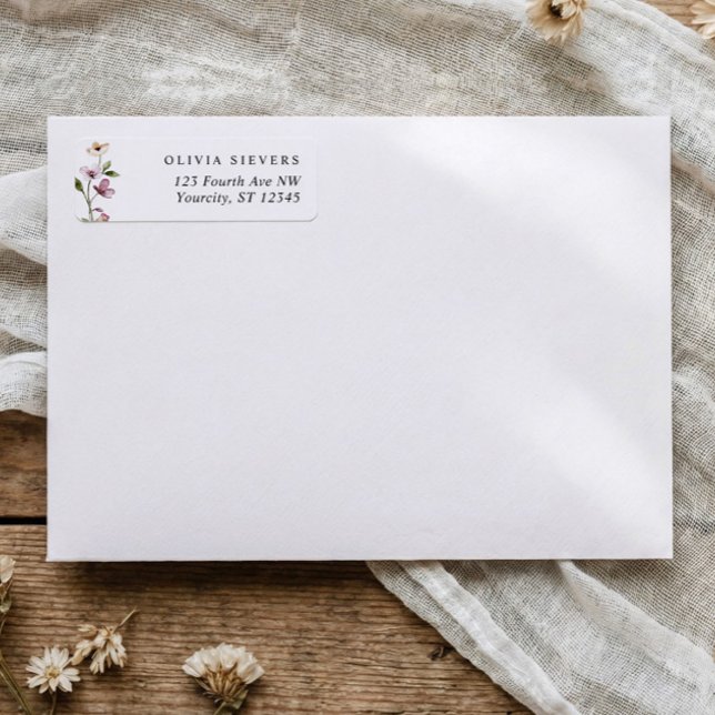 Rosa Wildflower Brautparty Rücksendeadresse (Floral wildflower return address labels with soft watercolor flowers and greenery)