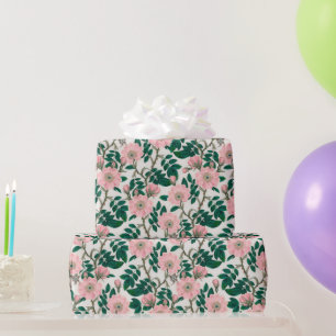 Rosa Wildrosen-Blumen & Grünes Blätter-Muster Geschenkpapier