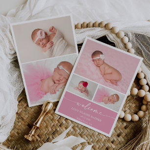 Rosa Willkommens-Baby-Foto-Ankündigungskarte Einladung