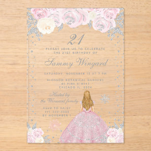 Rosa Winter Blond Haar Prinzessin Geburtstagsfeier Acryleinladungen