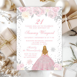 Rosa Winter Blond Haar Prinzessin Geburtstagsfeier Einladung