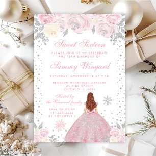 Rosa Winter Braunes Haar Prinzessin Sweet Sixteen Einladung