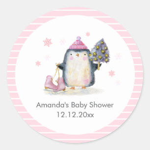 Rosa Winter-Eislauf-Pinguin-Baby-Party Runder Aufkleber