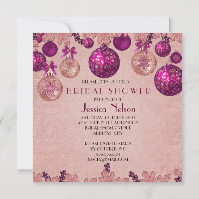 Rosa Winter Holiday Ornaments Brautparty Einladung (Vorderseite)