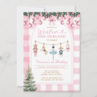 Rosa Winter Onederland Mädchen Nussknacker Geburts Einladung
