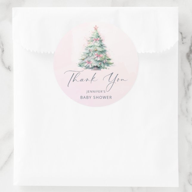 Rosa Winter Weihnachtsbaum Babydusche Danke Runder Aufkleber (Tasche)