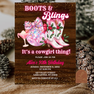 Rosa Winter-Weihnachtsstiefel und Glanz Geburtstag Einladung
