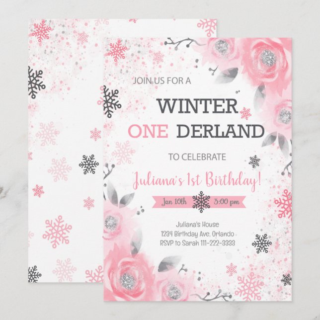 Rosa Winter Wonderland 1. Geburtstag Einladung (Vorne/Hinten)
