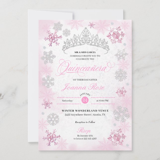 Rosa Winter Wonderland Snowflake Quinceanera Einladung (Vorderseite)