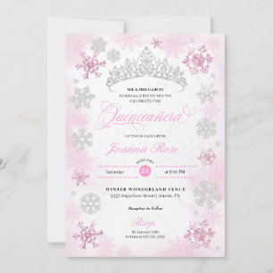 Rosa Winter Wonderland Snowflake Quinceanera Einladung