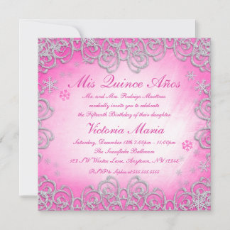 Rosa Winter Wonderland Snowflake Quinceanera Einladung