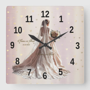 Rosa Winterhochzeit Braut Golden Glänzendes Herz P Quadratische Wanduhr