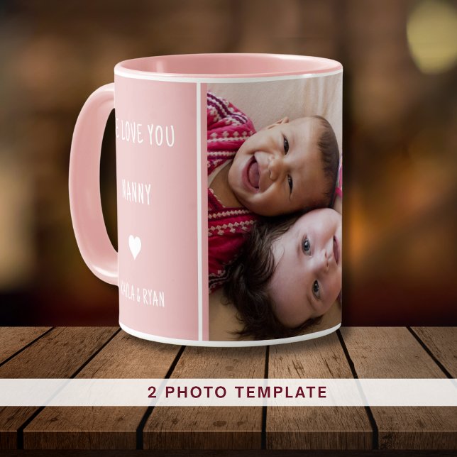 Rosa Wir Liebe Sie Nanny 2 Foto Collage Oma Tasse (Pink We Love You Nanny 2 Photo Collage Grandma Mug)