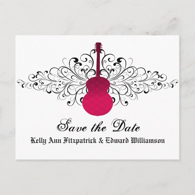Rosa Wirbel Gitarre Save the Date Postkarte (Vorderseite)