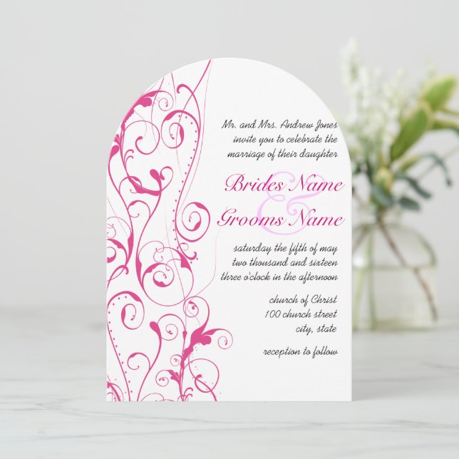 Rosa Wirbel Hochzeitseinladungen Einladung (Stehend Vorderseite)