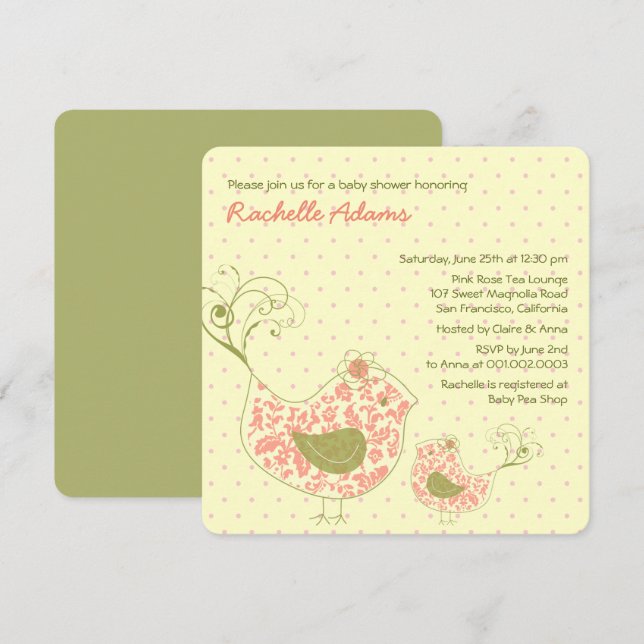 Rosa Wirble Mama & Baby Bird Baby Dusche Einladung (Vorne/Hinten)