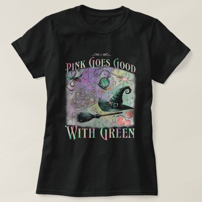 Rosa wird gut mit grüner Halloween-Hexe T-Shirt (Design vorne)
