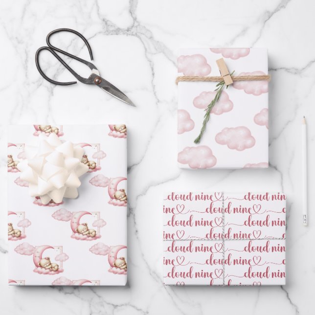 Rosa Wolke 9 Teddybär Mädchen Dusche Geschenkpapier Set (Vorderseite)