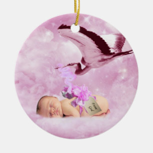 Rosa Wolken- und Storchweihnachten des Babys Keramikornament