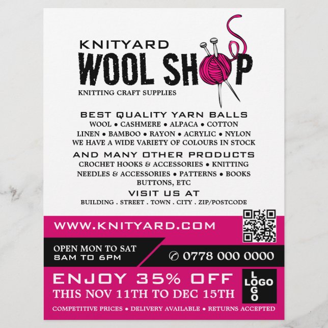 Rosa Wolle Shop Logo, Knitter Store, Garnspeicher Flyer (Vorne)