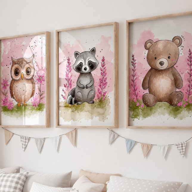Rosa Woodland Kinderzimmer Kunst Set drucken (Girls Woodland Animal Wall Art Set)