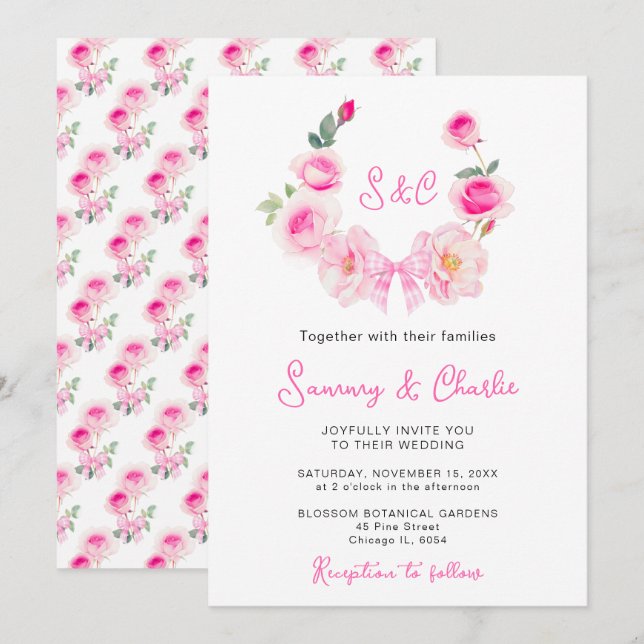 Rosa-Wreath-Coquette-Hochzeit Einladung (Vorne/Hinten)