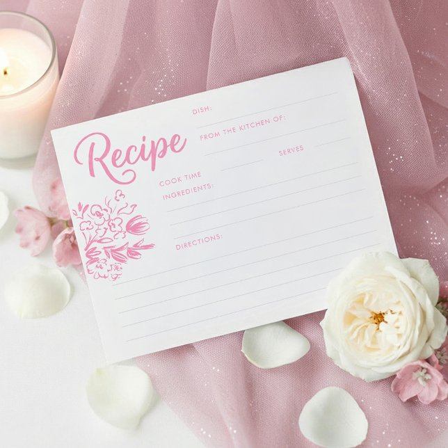 Rosa wunderliche Brautdusche-Rezeptkarte (Pink Whimsical Hand Drawn Floral Bridal Shower Recipe Cards)