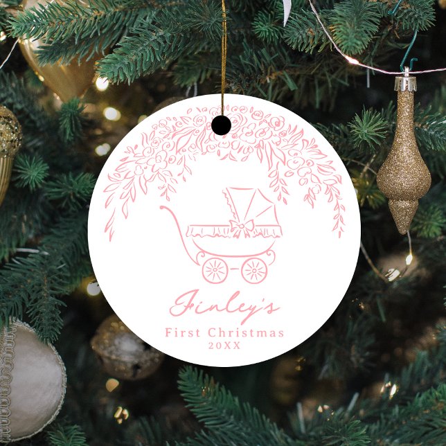 Rosa wunderliche Kinderwagen Baby's erstes Weihnac Keramik Ornament (Pink Whimsical Stroller Baby's First Christmas Ceramic Ornament)