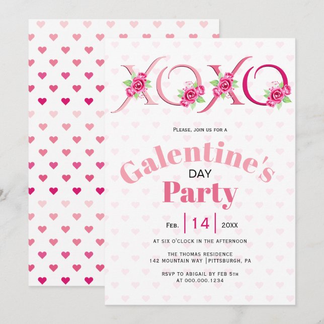 Rosa XOXO und Rose Galentinerentag Party Einladung (Vorne/Hinten)