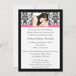 Rosa y negro del Damasco de Quinceanera Fushcia Einladung