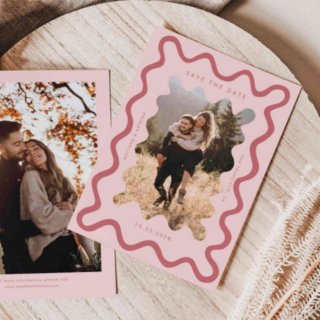 Rosa zackige Wavy-Rahmen-Hochzeit Save The Date (Von Creator hochgeladen)
