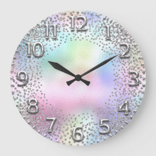 Rosa Zahlen Unicorn Glitzer Holograph Silber Große Wanduhr