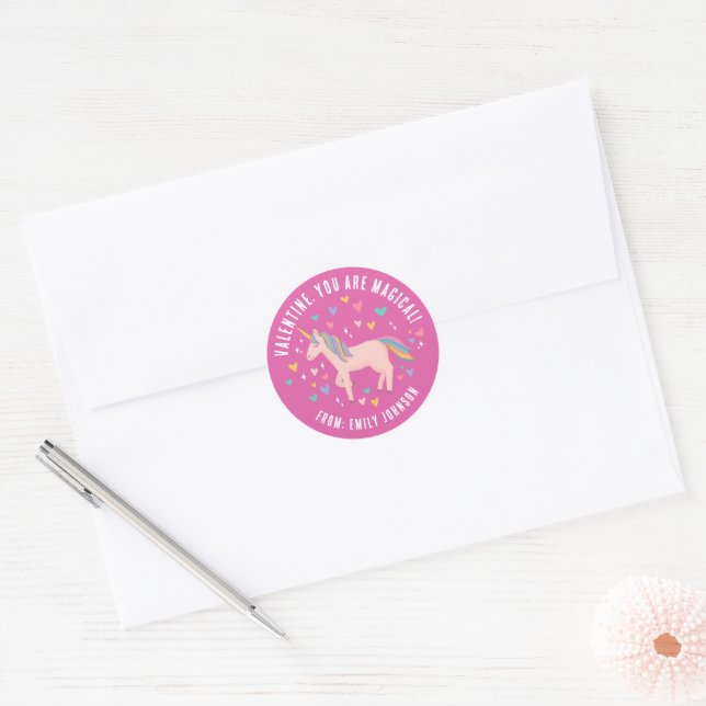 Rosa Zauberhafte Einhornunterricht Valentine Gesch Runder Aufkleber (Umschlag)