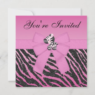 Rosa Zebra, Herz-Juwelen u. Tier-Druck-Glitzer Einladung