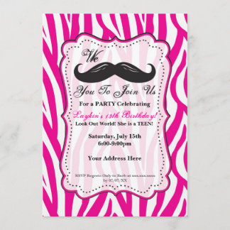Rosa Zebra Mustache Geburtstagsparty Einladung! Einladung