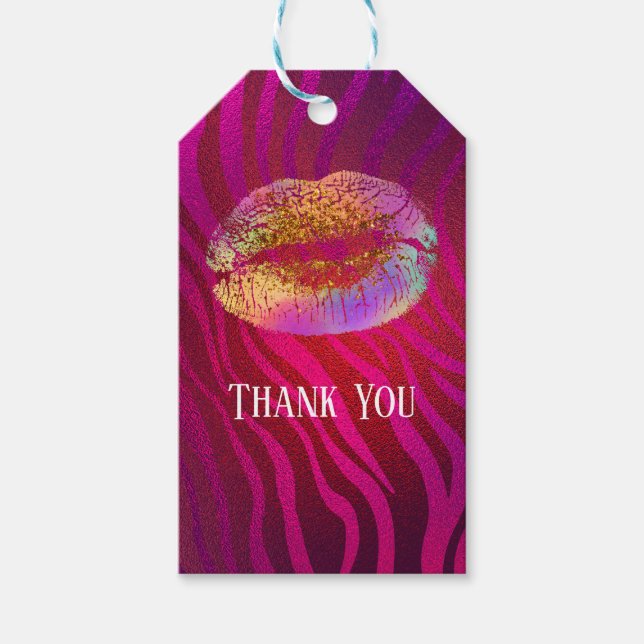 Rosa Zebra Print Rainbow Gold Glitzer Lips Gefalle Geschenkanhänger (Vorderseite)