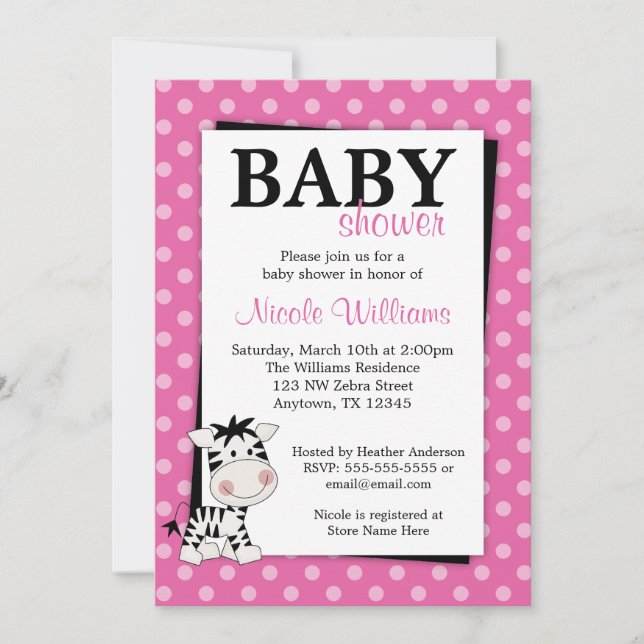 Rosa Zebra-Tupfen-Babyparty-Einladungen Einladung (Vorderseite)