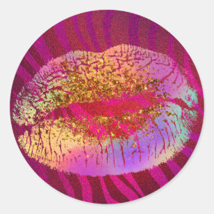 Rosa Zebradruck Regenbogen Gold Glitter Lippen Fav Runder Aufkleber