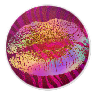 Rosa Zebradruck Regenbogen Gold Glitter Lippen Kus Keramikknauf
