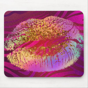 Rosa Zebradruck Regenbogen Gold Glitter Lippen Kus Mousepad