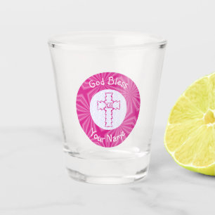 Rosa Zick-Zack-Kreuz auf weißem rosa Namen Schnapsglas