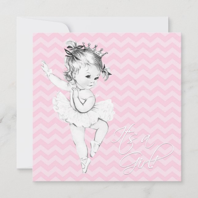Rosa Zickzack Ballerina Princess Kinderdusche Einladung (Vorderseite)