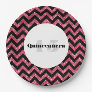 Rosa Zickzack Glitzer Quinceañera Teller